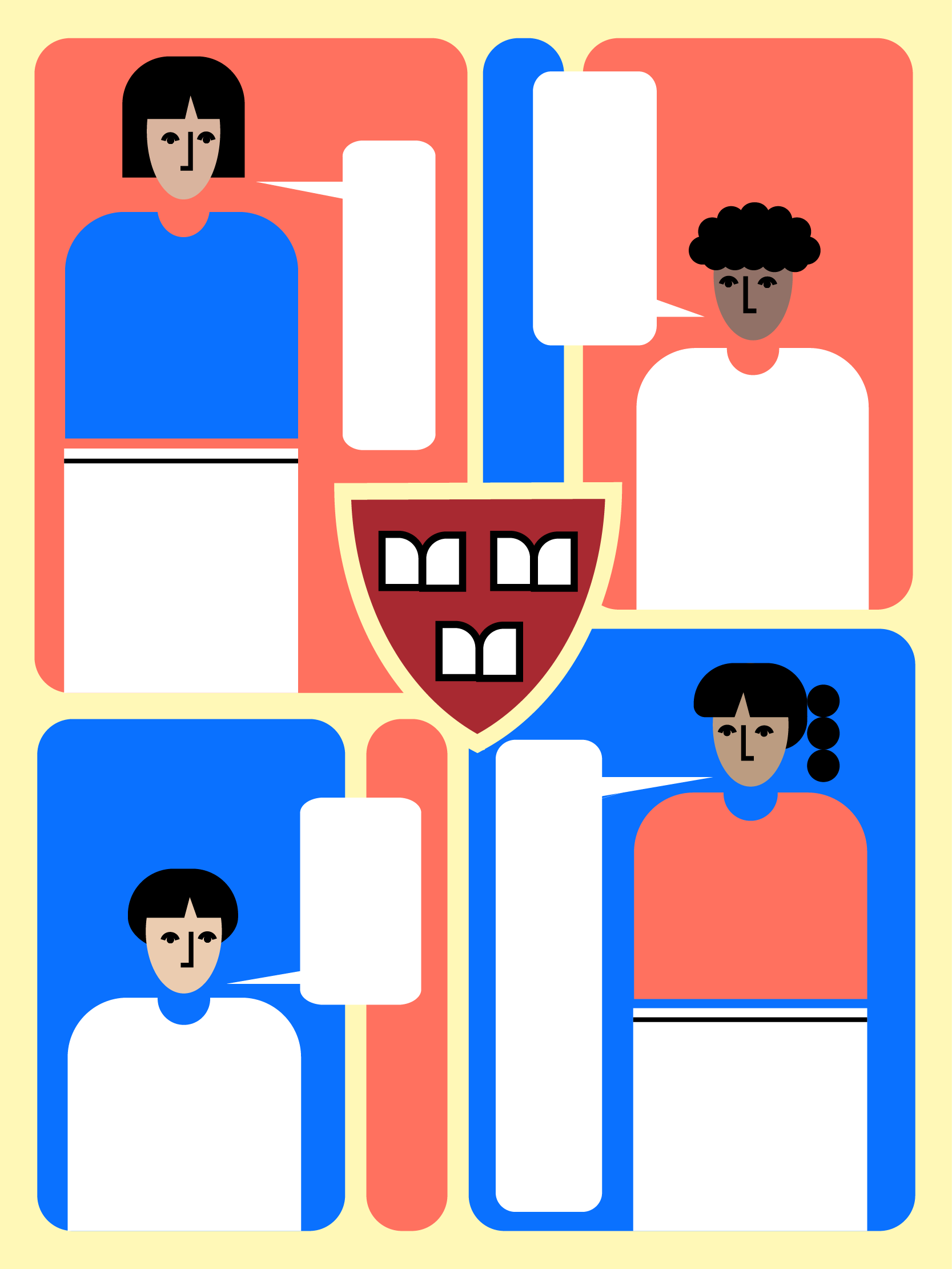 Several people are shown with speech bubbles. There is a Harvard logo in the middle.