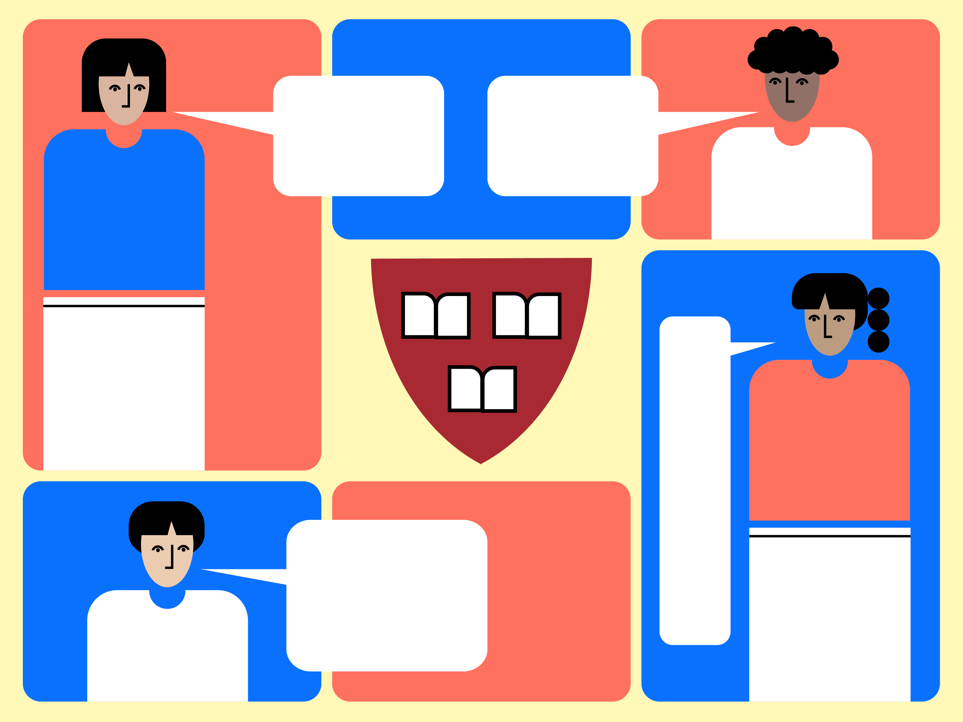 Several people are shown with speech bubbles. There is a Harvard logo in the middle.