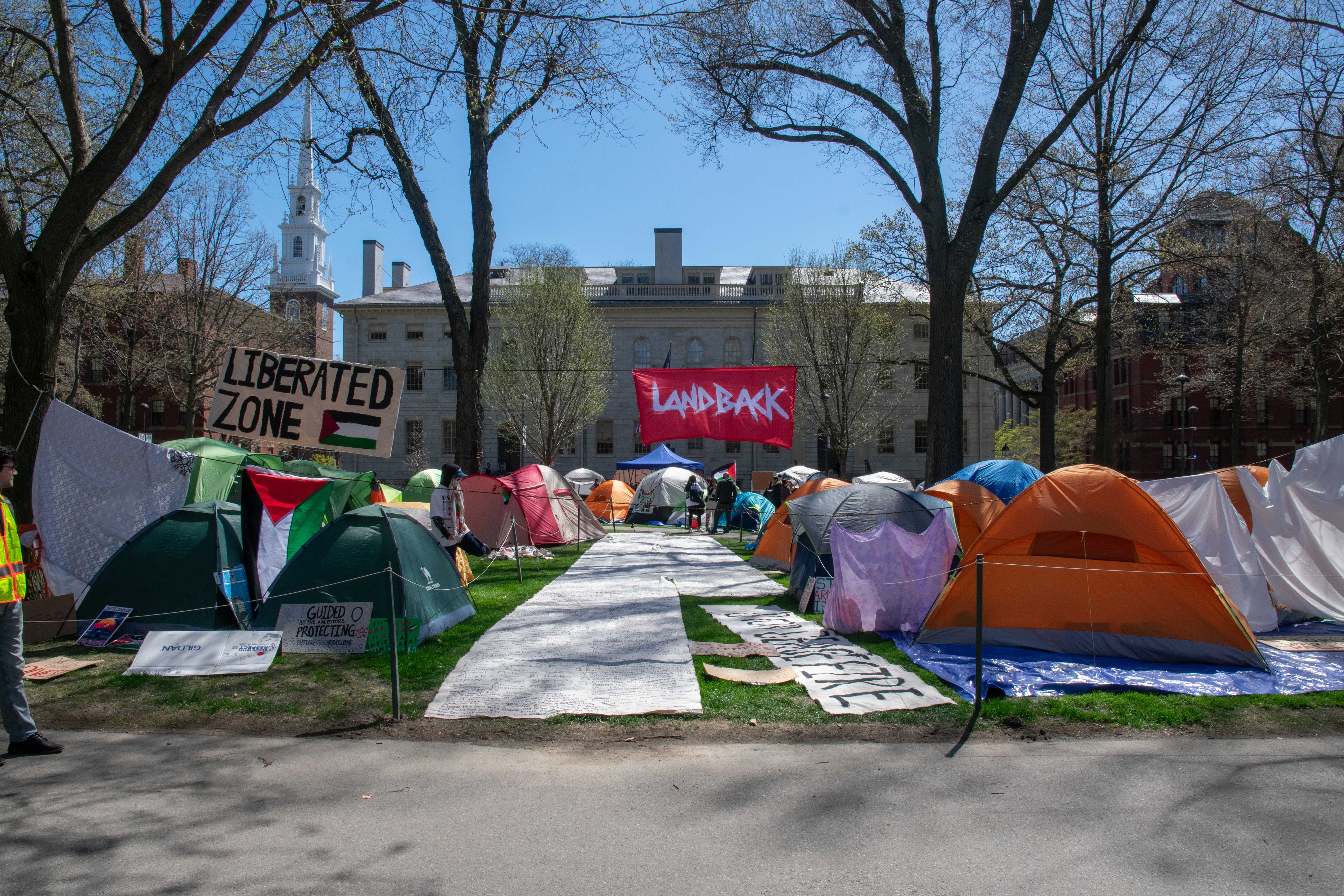 More than 30 tents cover the lawn in front of the John Harvard statue and University Hall on the third day of the encampment. Large banners strung overheasd rerad “Liberated Zone” and “Land Back.”