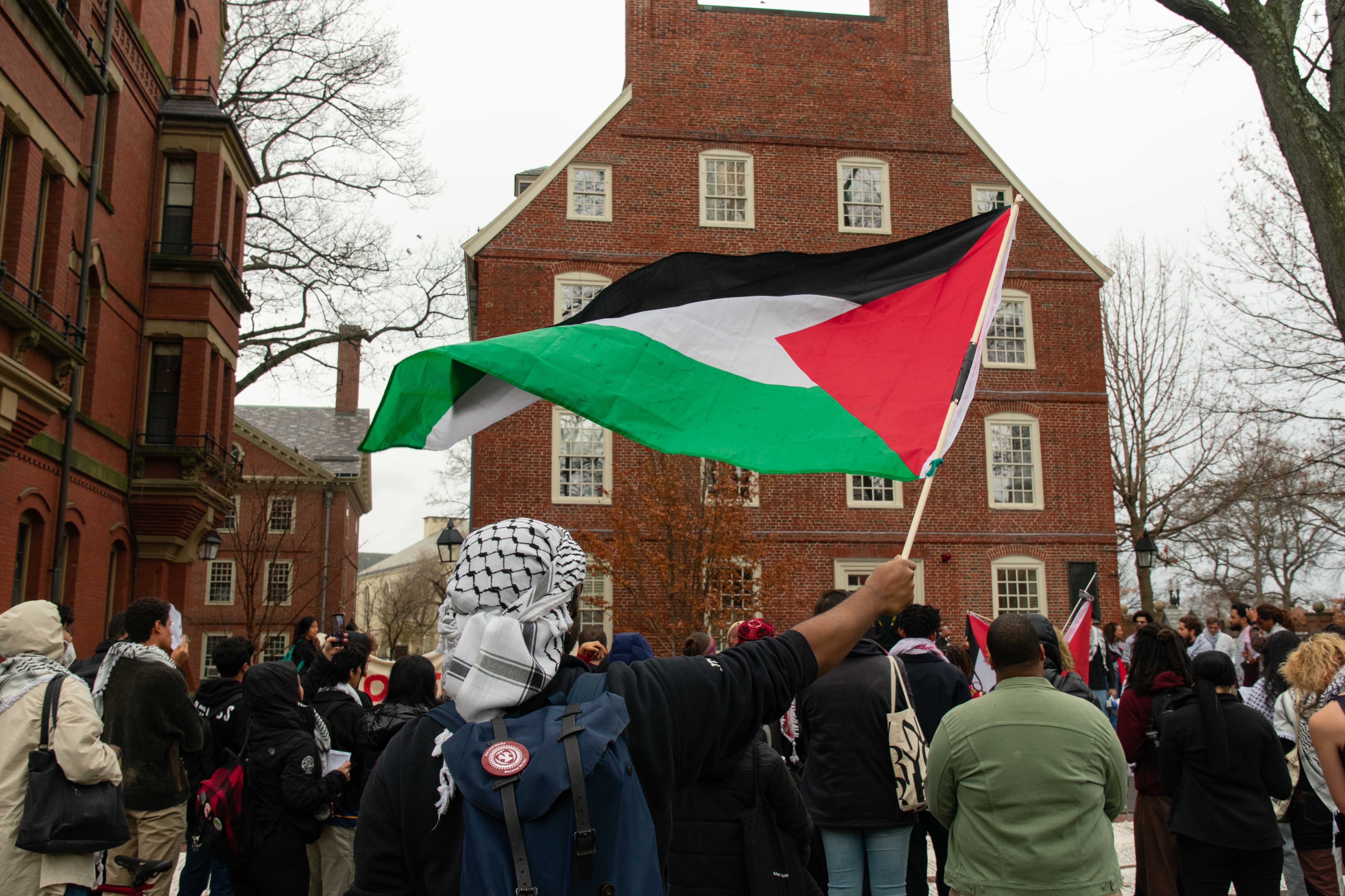 Massachusetts Hall during a protest.
