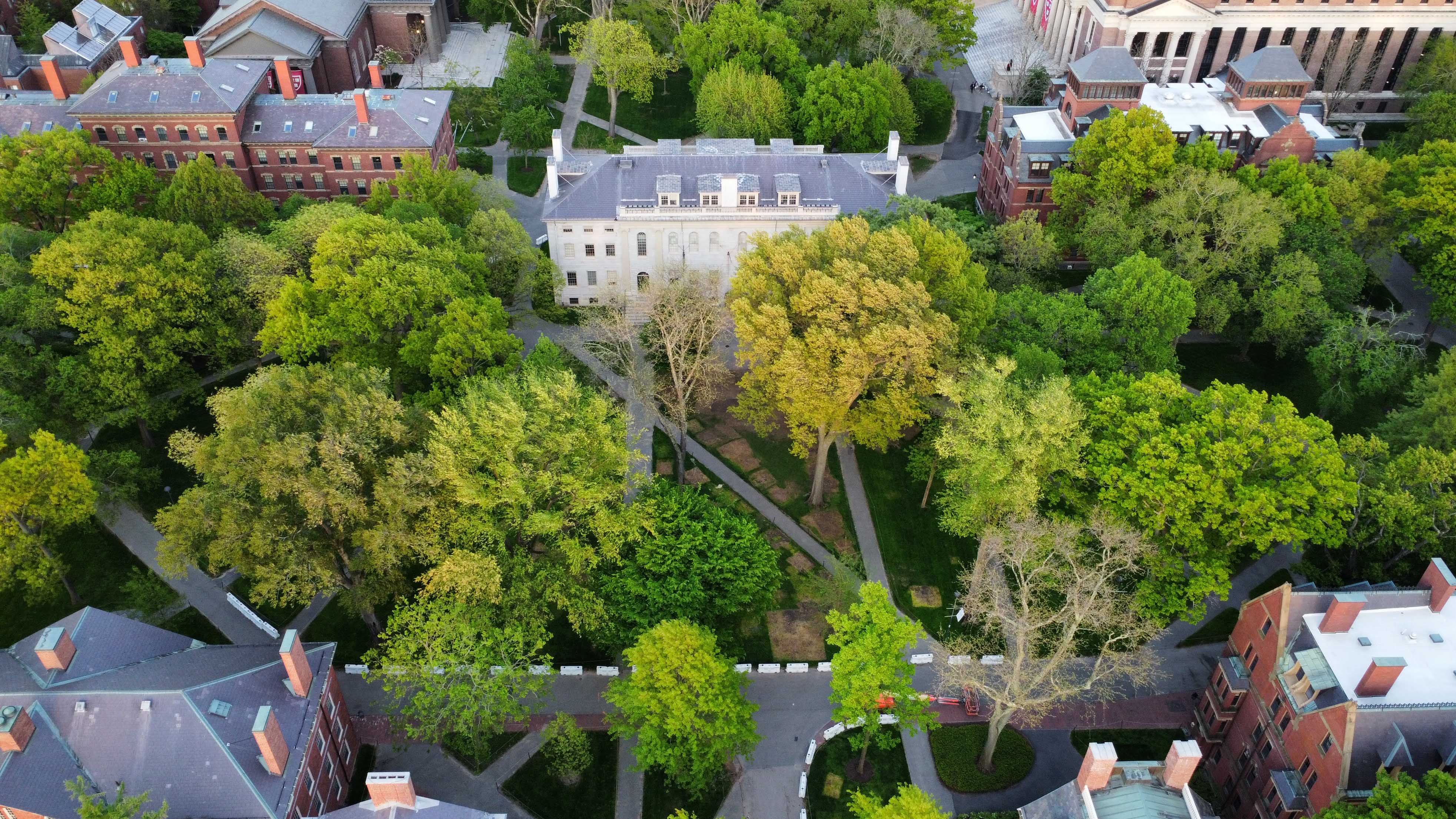 From above, patches of dirt where the tents of the encampment used to stand are visible on the lawn in front of the John Harvard statue and University Hall.
