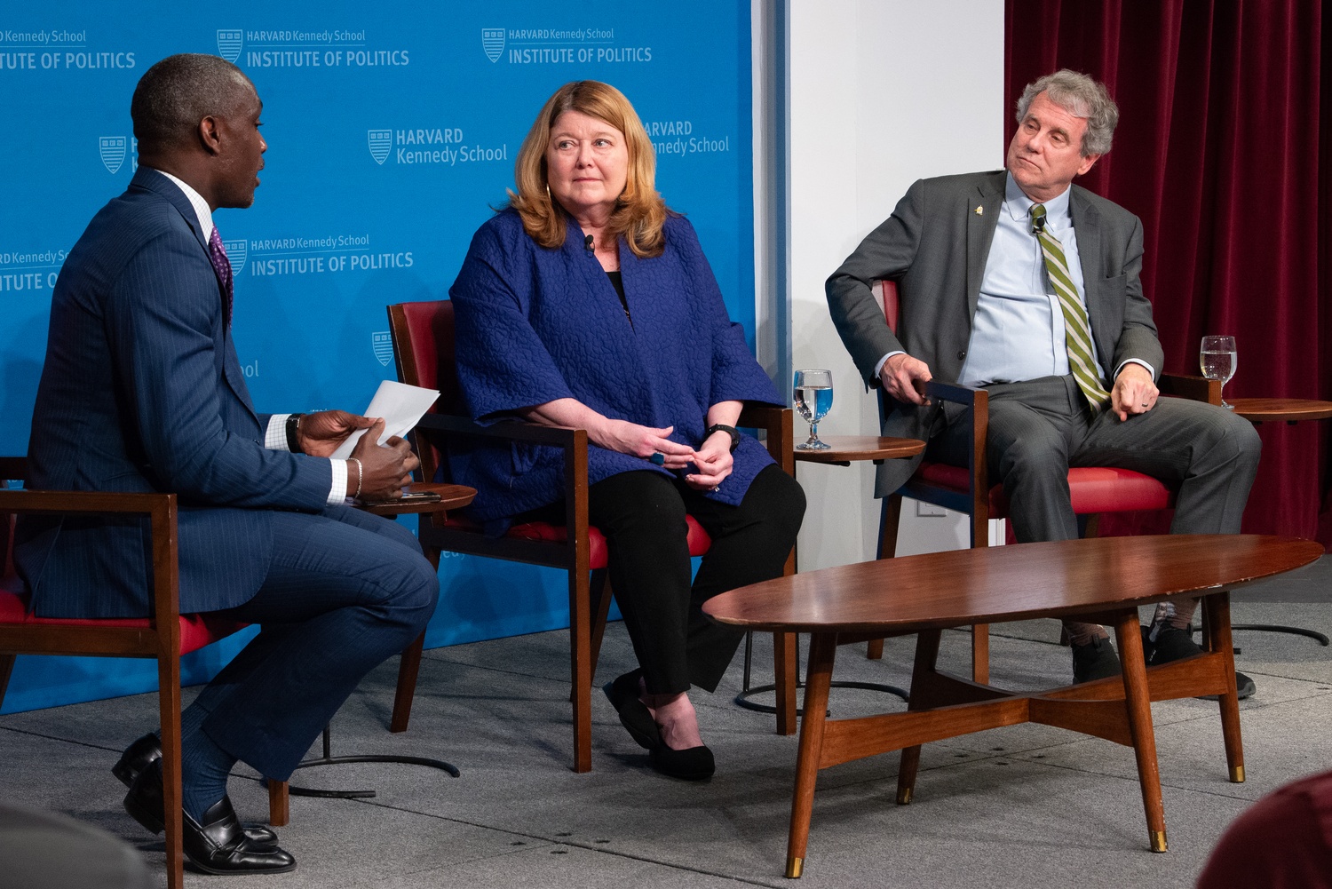 Former U.S. Senator Sherrod Brown and Pulitzer Prize winner Connie Schultz speak at an Institute of Politics forum. Brown called on Harvard students to "stand strong against Trump attacks."
