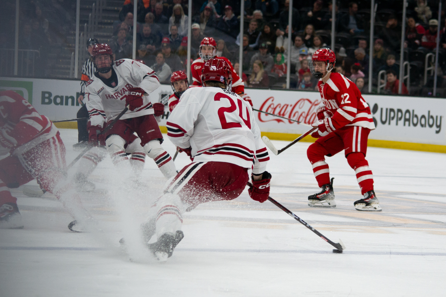 Harvard faces off against Boston University in the semifinal of the 72nd annual Beanpot Tournament at TD Garden. The Crimson gave up five goals in the second period alone, losing the game 7-1 and ending their tournament run.