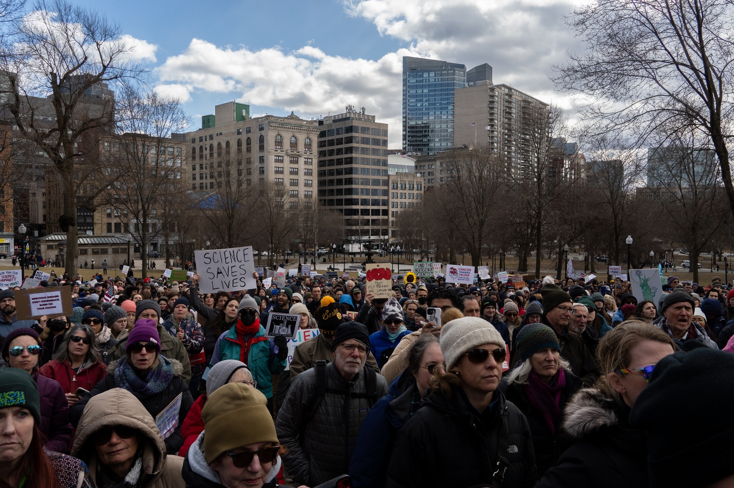Hundreds of researchers and students gather at Boston Common for the Stand Up for Science rally. The demonstration opposed President Donald Trump’s efforts to reduce research funding and eliminate DEI programs at universities.