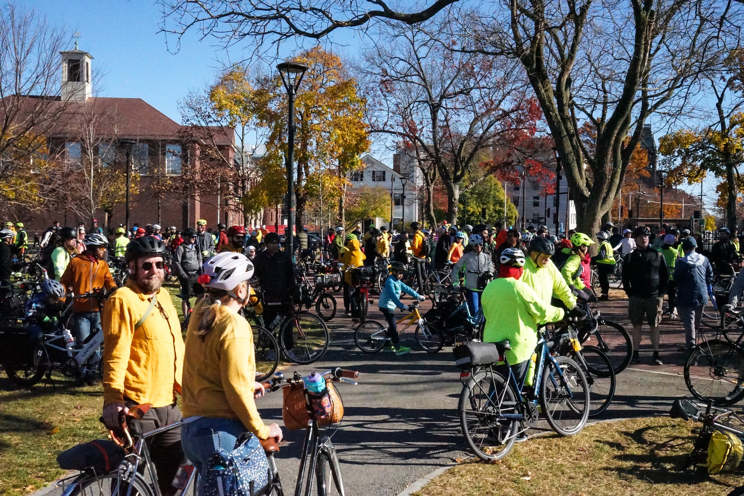 Cyclists gather in Cambridge Common before riding to the Massachusetts State House as part of “Ride for Your Life,” a rally demanding safer bike infrastructure in memory of recent crash victims.