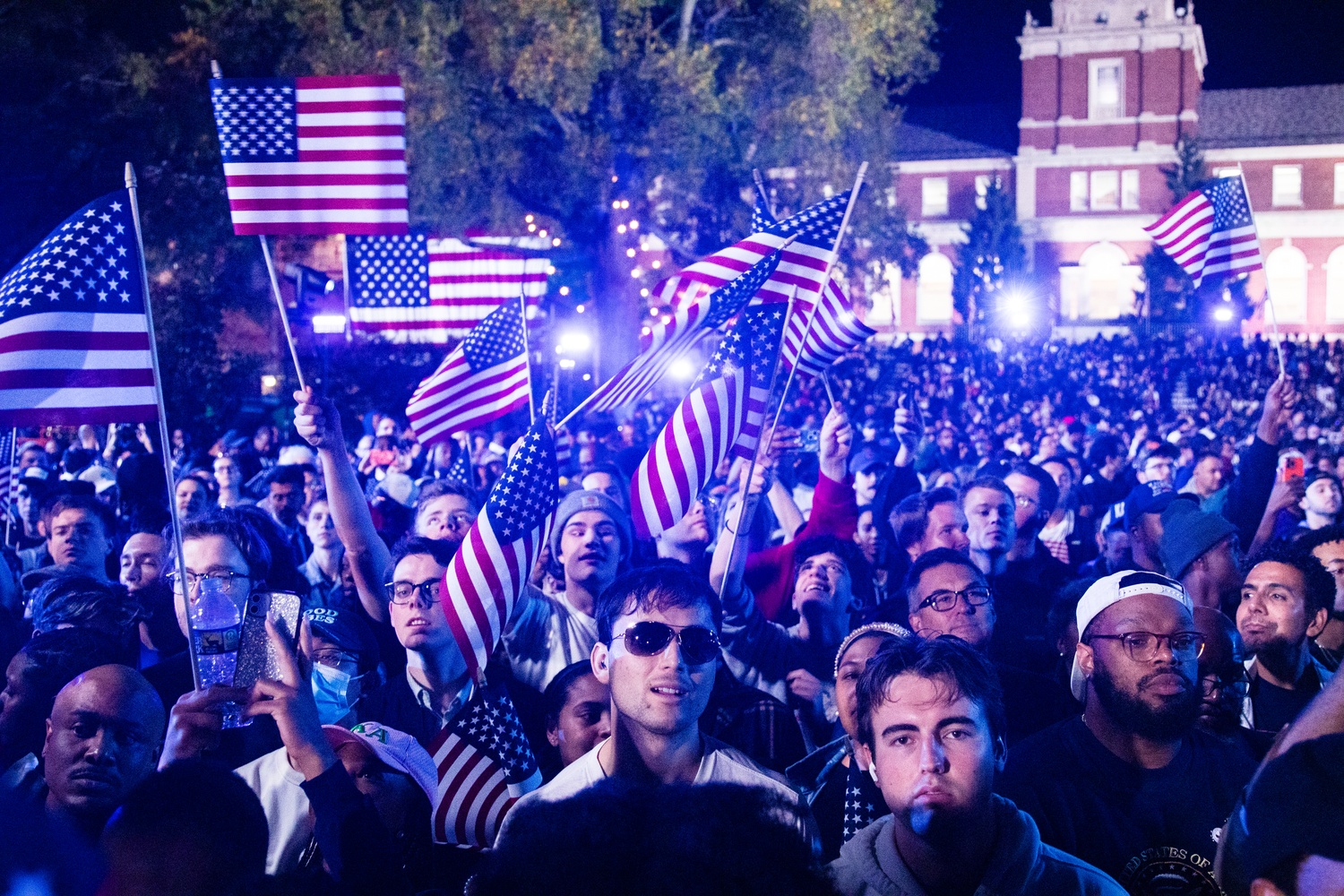 Students watch election returns as former President Donald Trump defeats Vice President Kamala Harris to win back the White House, returning to power after a turbulent campaign marked by legal battles and political polarization.