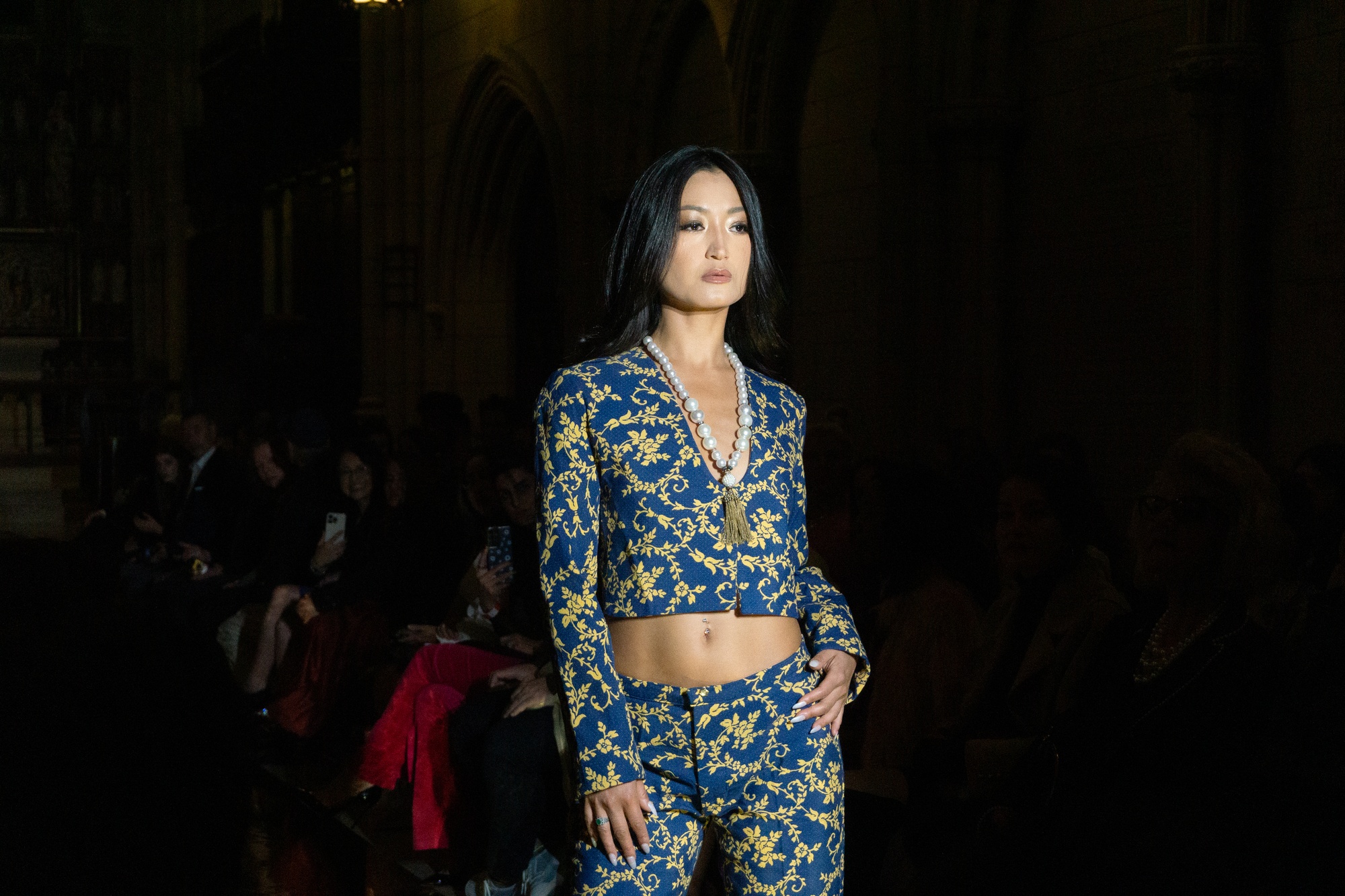 A model walks the runway at Boston En Vogue’s Classical Luxury Show, part of the 30th annual Boston Fashion Week. The event spotlighted emerging local designers and their contemporary takes on fashion and identity.
