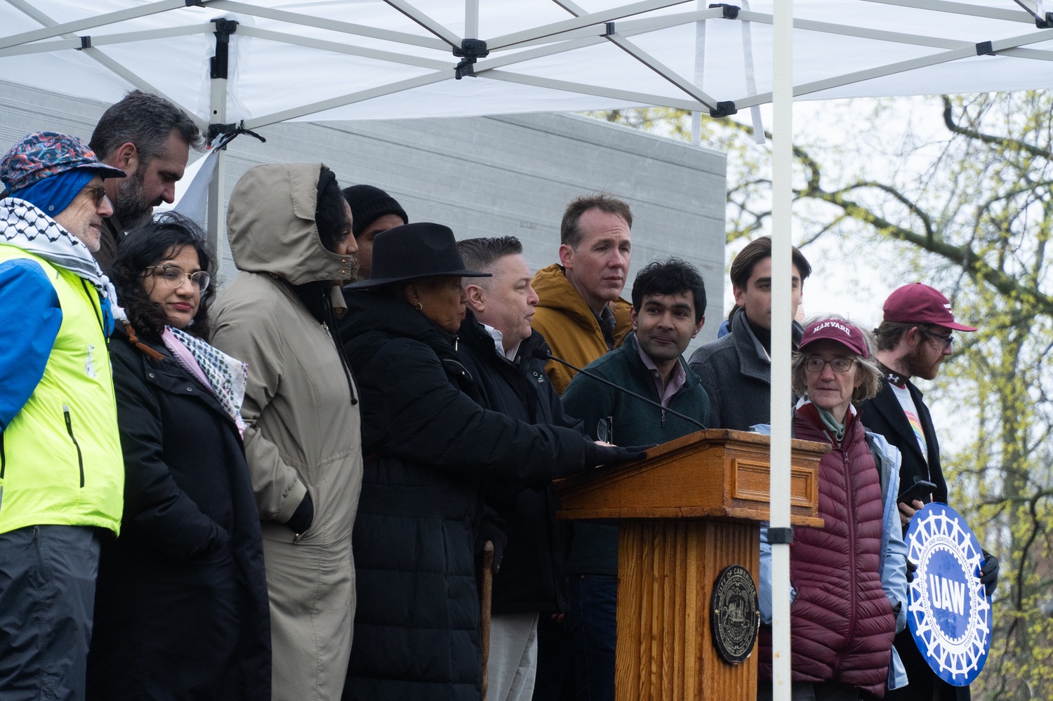 Protesters gather on Cambridge Common during a rally organized by the Cambridge City Council and Harvard’s AAUP chapter urging the University to reject President Donald Trump’s demands to eliminate DEI programming and ban masks in exchange for federal funding.