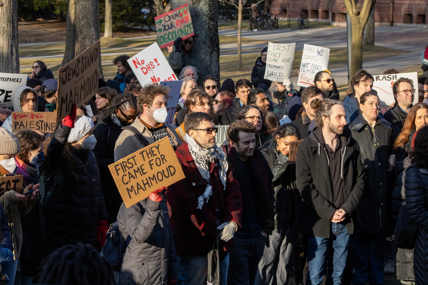 A crowd gathers on the Widener steps for an American Association of University Professors rally protesting the arrest and potential deportation of Columbia student Mahmoud Khalil. Nearly 200 Harvard faculty, staff, and students called on the University to more forcefully oppose President Donald Trump’s actions against academic institutions.